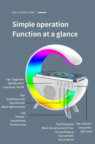 3-in-1 Wireless G Lamp – RGB Light + Bluetooth Speaker + Wireless Charger مصباح G اللاسلكي بوظائف ثلاثية